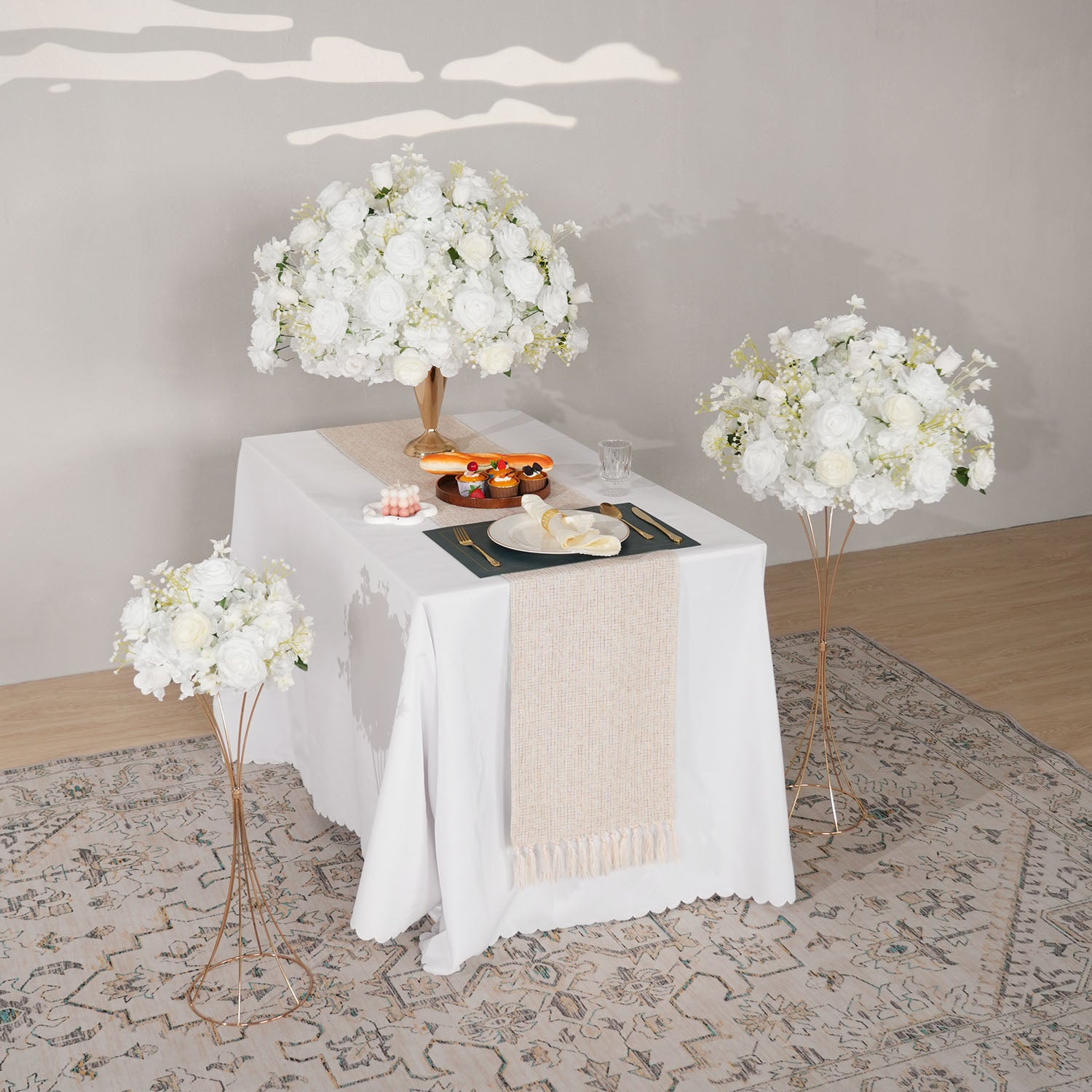 Uflower White Rose Baby's Breath Flower Ball For Table Centerpieces